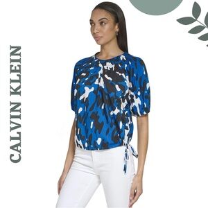 Calvin Klein Blue Abstract Print Blouse Puff Sleeve Top
